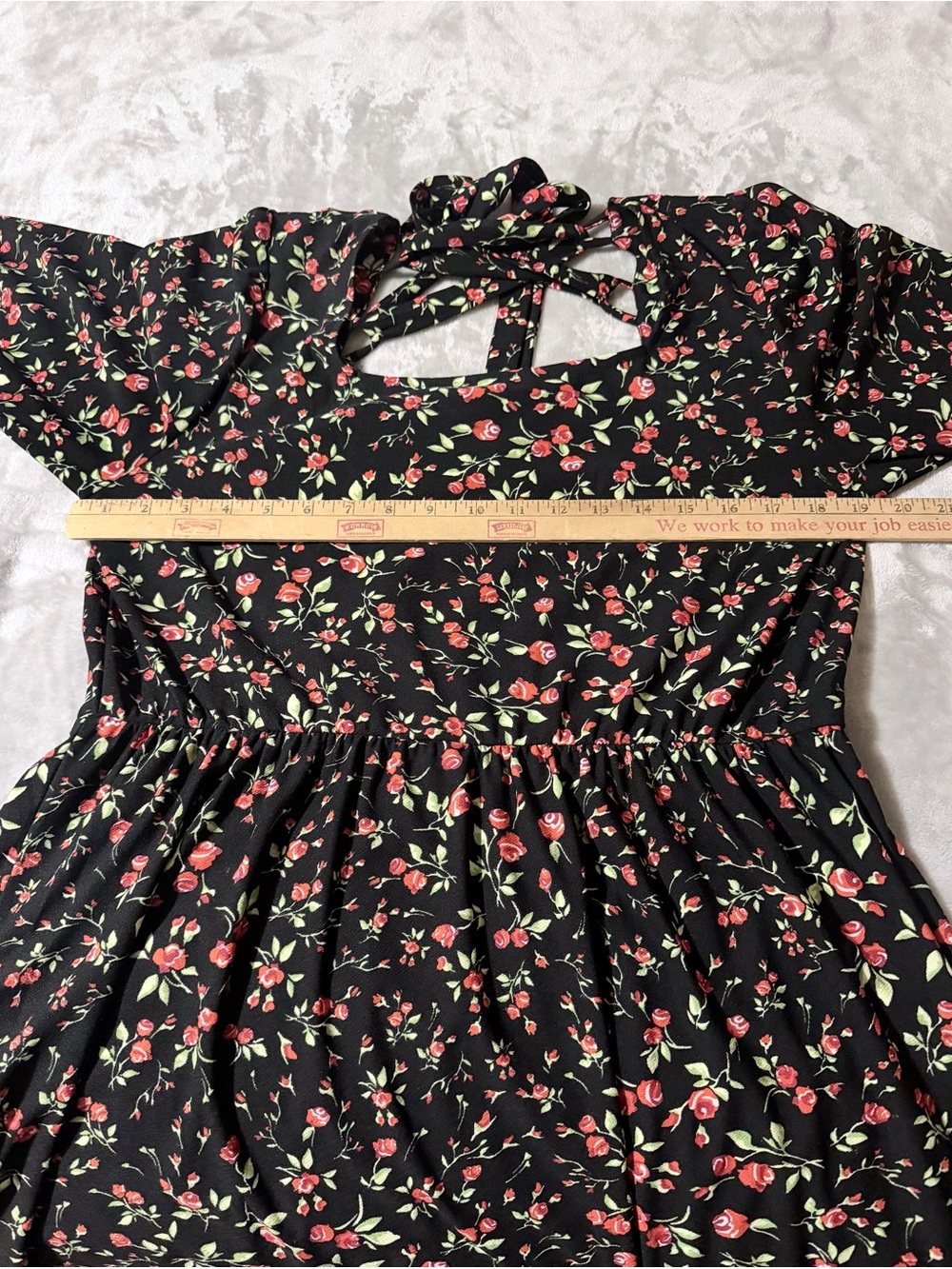 Black Floral Midi Dress with Crisscross Back, Elastic on waist. Size L - Picture 7 of 13